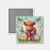 Aimant Vache Highland avec papillons et fleurs printanièr (Recto/Verso)