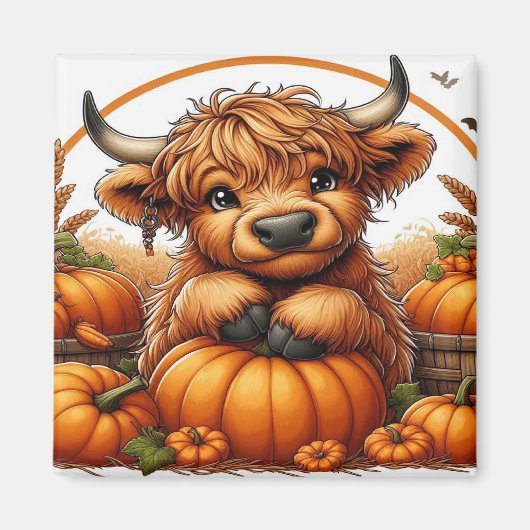 Aimant Vache Highland Nichée parmi les Citrouilles de réc (Devant)