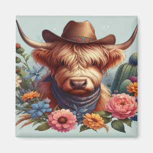 Aimant Vache Highland portant un Casquette de cowboy