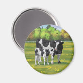 Aimant Vache Holstein et veau coudu dans le pâturage d'ét (Recto/Verso)