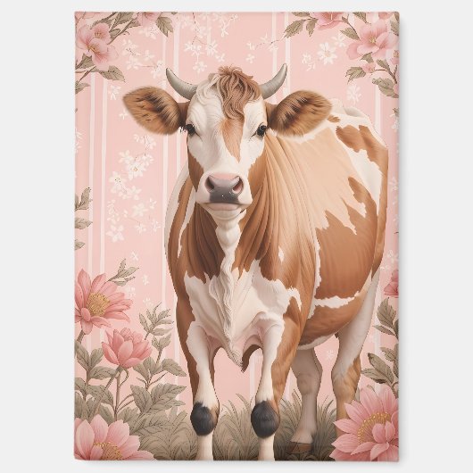 Aimant Vache Jersey Adorable Fleur Rose (Recto)