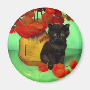 Aimant Van Gogh Black Kitten Fleurs rouges