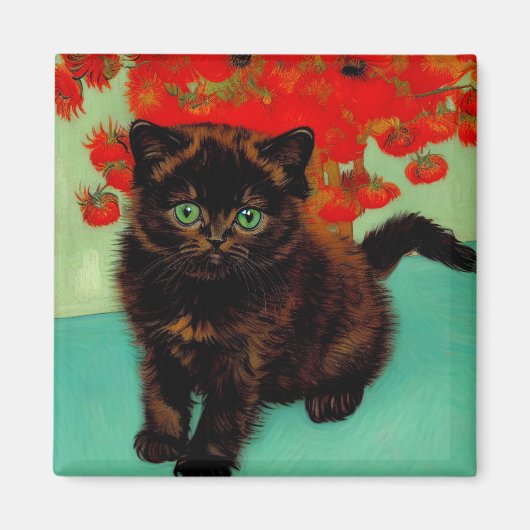 Aimant Van Gogh Chat noir Fleurs rouges (Devant)