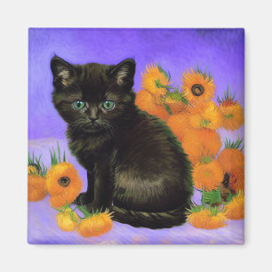 Aimant Van Gogh Kitten noir avec des tournesols