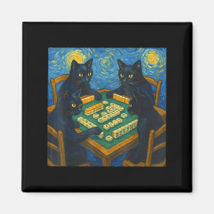Aimant Van gogh nuit étoilée chat jouant au mahjong chino