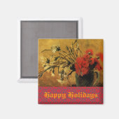 Aimant vase avec oeillets rouges et blancs, joyeuses fête (Recto/Verso)