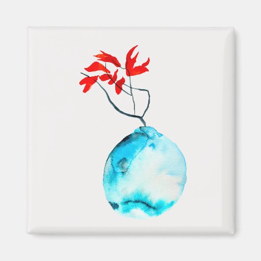 Aimant Vase bleu Ikebana aquarelle art (Devant)
