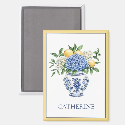 Aimant Vase Chinoiserie Bleu et Blanc avec hydrangées (Recto/Verso)