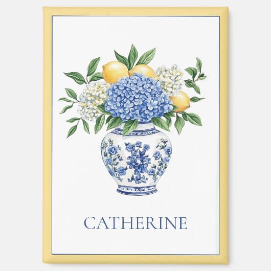 Aimant Vase Chinoiserie Bleu et Blanc avec hydrangées (Recto)
