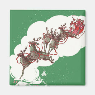 Aimant Veille de Noël vintage, Père Noël rétro en traînea