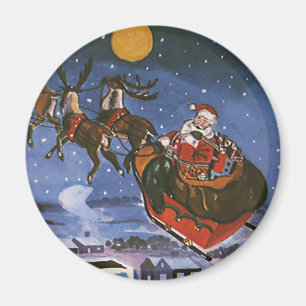 Aimant Veille de Noël vintage, Père Noël volant son traîn