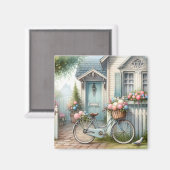 Aimant Vélo de chalet bleu avec panier à fleurs de printe (Recto/Verso)