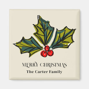 Aimant Vert et rouge Aquarelle Holly Berry