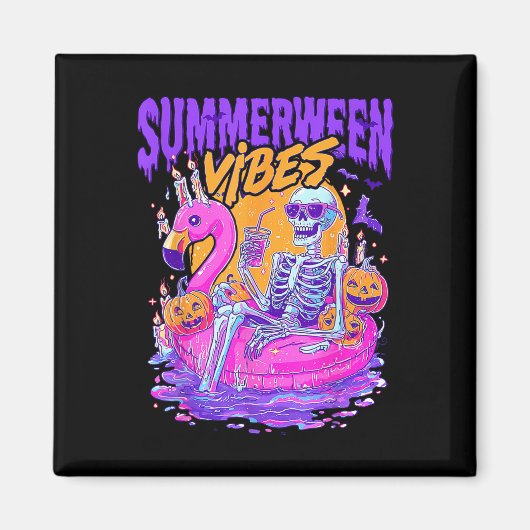 Aimant Vibes de Summerween Flamant rose squelette effraya (Devant)