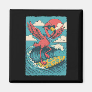 Aimant Vibes d'été flamant rose surfant sur la plage vaca