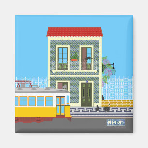 Aimant Vieille maison de Lisbonne avec chats et tramway j