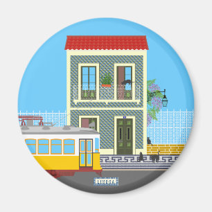 Aimant Vieille maison de Lisbonne avec chats et tramway j