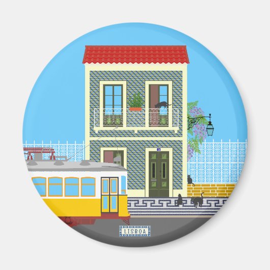 Aimant Vieille maison de Lisbonne avec chats et tramway j (Devant)