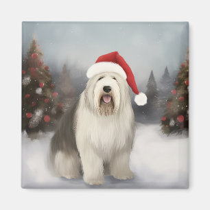 Aimant Vieux Chien de Berger Anglais dans la neige de Noë