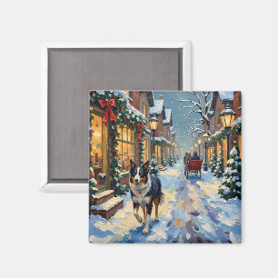 Aimant Village de Noël enneigé vintage avec Border Collie