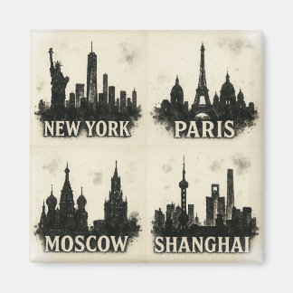 Aimant Villes Monochromatiques Iconiques De L'Encre Skyli