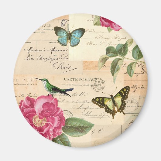 Aimant vintage avec roses et papillons (Devant)
