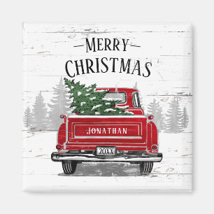 Aimant Vintage Camion Rouge Arbre de Noël Nom Bois rusti