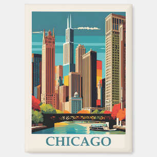 Aimant Vintage Chicago Illinois City Skyline Retro Travel