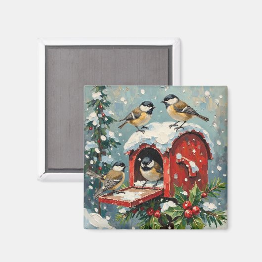 Aimant Vintage Chickadees on Snowy Christmas Mailbox (Recto/Verso)