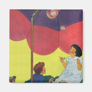 Aimant Vintage Children Play Girl and Boy Blowing Bubbles