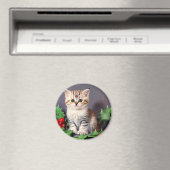 Aimant Vintage Christmas Kitten et Holly (In Situ (Lave-vaisselle))