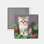 Aimant Vintage Christmas Kitten et Holly (Recto/Verso)