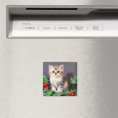Aimant Vintage Christmas Kitten et Holly (In Situ (Lave-vaisselle))