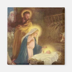 Aimant Vintage Christmas Nativity, Mary Joseph Baby Jesus