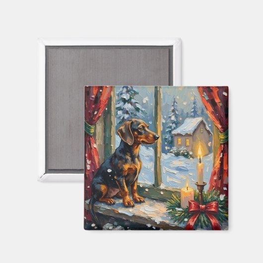 Aimant Vintage Dachshund by Cozy Christmas Window (Recto/Verso)