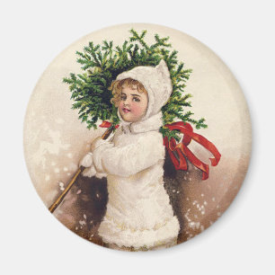 Aimant Vintage fille avec arbre de Noël, Ellen Clapsaddle