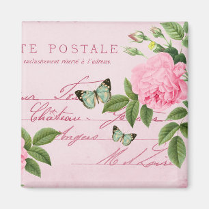 Aimant vintage floral français avec le rose de
