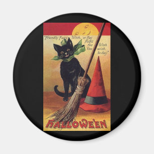 Aimant Vintage Halloween Black Cat, Witch's Broom and Hat