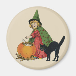 Aimant Vintage Halloween sorch et chat, Ellen Clapsaddle