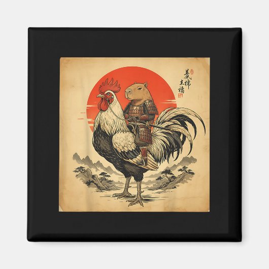 Aimant Vintage Japanese Samurai Capybara Rooster Chicken  (Devant)