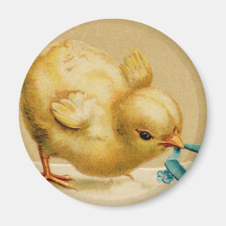 Aimant Vintage Joyeux poussin de Pâques avec fleurs bleue