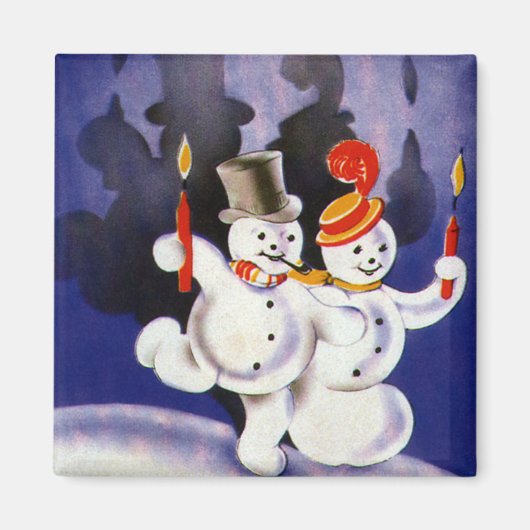 Aimant Vintage Noël Dancing Snowmen avec bougies (Devant)