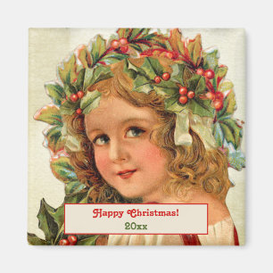 Aimant Vintage Noël Enfant Holly Feuilles dans ses cheveu
