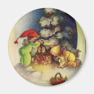 Aimant Vintage Noël Enfants nourriciers lapins