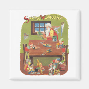Aimant Vintage Noël Père Noël avec elfes dans l'atelier