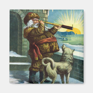 Aimant Vintage Noël Santa Claus Telescope Chien Sunset