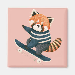 Aimant Vintage Panda Roux Mignon Faisant du Skateboard