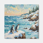 Aimant Vintage Penguins on Snowy Coastal Christmas Cliff (Devant)