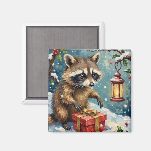 Aimant Vintage Raccoon Opening Christmas Gift Box Art (Recto/Verso)