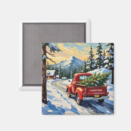 Aimant Vintage Red Truck Carrying Christmas Tree (Recto/Verso)